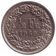 Монета 1/2 франка. 1969 (В) год, Швейцария. Монета 1/2 франка. 1969 (В) год, Швейцария.