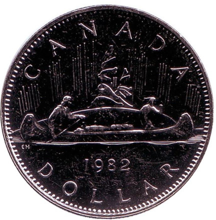 Монета 1 доллар. 1982 год, Канада. aUNC. Индейцы в каноэ.