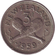 Монета 3 пенса. 1959 год, Новая Зеландия. Скрещенные вахаики. Монета 3 пенса. 1959 год, Новая Зеландия. Скрещенные вахаики.