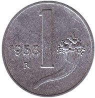 Монета 1 лира. 1958 год, Италия. Рог изобилия. Монета 1 лира. 1958 год, Италия. Рог изобилия.
