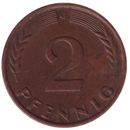 Монета 2 пфеннига. 1964 год (G), ФРГ. Дубовые листья. Монета 2 пфеннига. 1964 год (G), ФРГ. Дубовые листья.