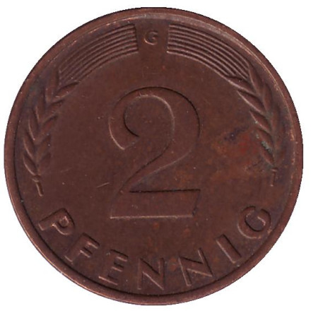 Монета 2 пфеннига. 1964 год (G), ФРГ. Дубовые листья.