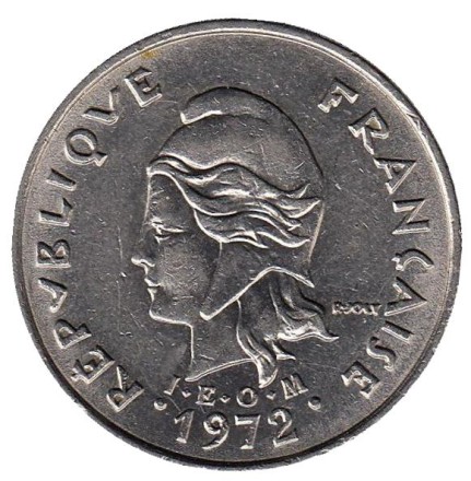 Монета 10 франков. 1972 год, Новая Каледония. Парусник.