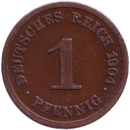 Монета 1 пфенниг. 1904 год (G), Германская империя.