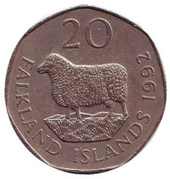 Монета 20 пенсов. 1992 год, Фолклендские острова. Овца "Ромни-марш". Монета 20 пенсов. 1992 год, Фолклендские острова. Овца "Ромни-марш".