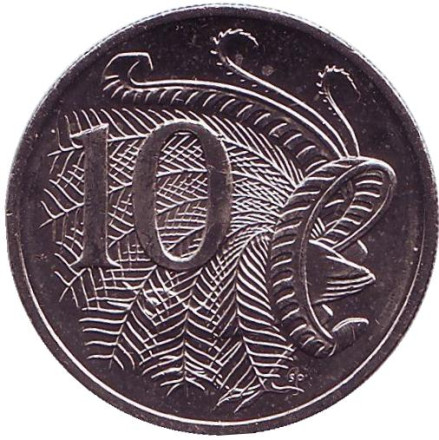 Монета 10 центов. 2016 год, Австралия. Лирохвост. 50 лет десятичной системе.