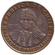 Монета 100 песо. 2014 год, Чили. Индеец Мапуче. Монета 100 песо. 2014 год, Чили. Индеец Мапуче.