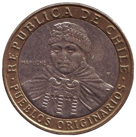 Монета 100 песо. 2014 год, Чили. Индеец Мапуче.