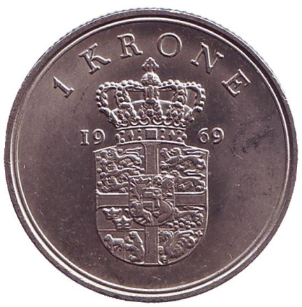 Монета 1 крона. 1969 год, Дания.