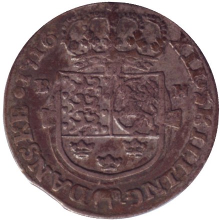 Монета 12 скиллингов. 1716 год, Дания. Фредерик IV. Монета 12 скиллингов. 1716 год, Дания. Фредерик IV.