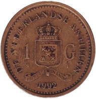 Монета 1 гульден. 1992 год, Нидерландские Антильские острова. Монета 1 гульден. 1992 год, Нидерландские Антильские острова.