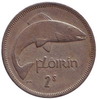 Монета 2 шиллинга (1 флорин). 1962 год, Ирландия. Лосось.