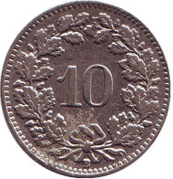 Монета 10 раппенов. 1934 год, Швейцария. Монета 10 раппенов. 1934 год, Швейцария.