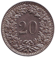 Монета 20 раппенов. 1926 год, Швейцария. Монета 20 раппенов. 1926 год, Швейцария.