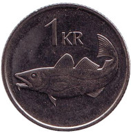Монета 1 крона. 2007 год, Исландия. Треска. Монета 1 крона. 2007 год, Исландия. Треска.