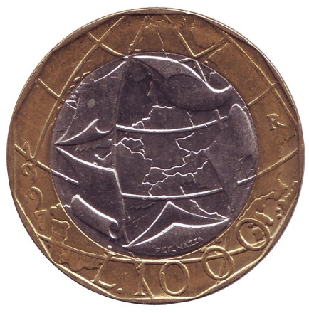 Монета 1000 лир. 1997 год, Италия. (Карта с объединенной Германией) Европейский союз.