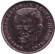 Монета 2 марки. 1980 год (F), ФРГ. Курт Шумахер. Монета 2 марки. 1980 год (F), ФРГ. Курт Шумахер.