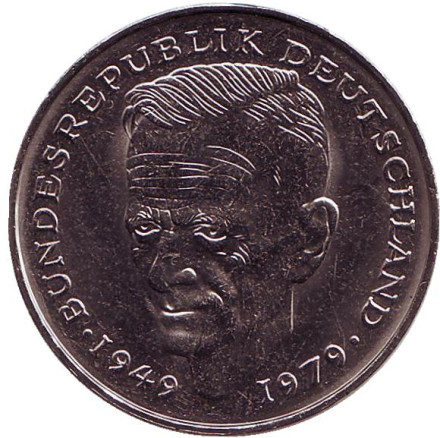 Монета 2 марки. 1980 год (F), ФРГ. UNC. Курт Шумахер.