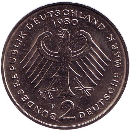 Монета 2 марки. 1980 год (F), ФРГ. Курт Шумахер. Монета 2 марки. 1980 год (F), ФРГ. Курт Шумахер.