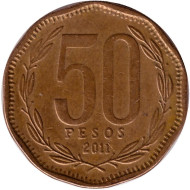 Монета 50 песо. 2011 год, Чили. Бернардо О’Хиггинс. Монета 50 песо. 2011 год, Чили. Бернардо О’Хиггинс.