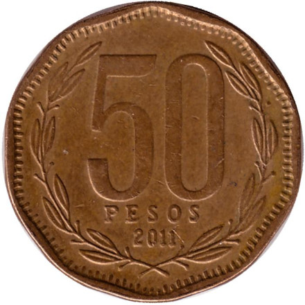 Монета 50 песо. 2011 год, Чили. Бернардо О’Хиггинс.