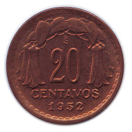 Монета 20 сентаво. 1952 год, Чили. Монета 20 сентаво. 1952 год, Чили.