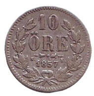 Монета 10 эре. 1857 год, Швеция. Монета 10 эре. 1857 год, Швеция.