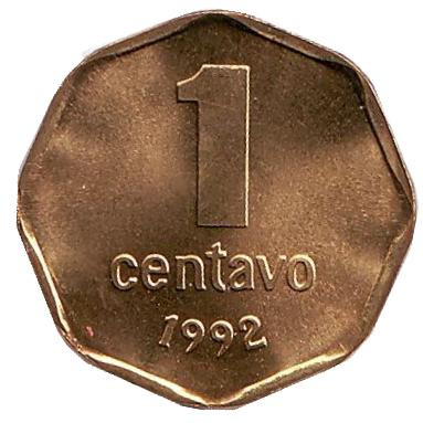 Монета 1 сентаво. 1992 год, Аргентина. (8-угольная форма, гладкий гурт)