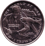 Монета 1 крона. 1999 год, Гибралтар. Пёрл Харбор. Франклин Рузвельт и японский истребитель Mitsubishi A6M Zero.