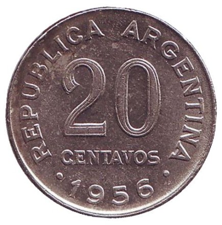 Монета 20 сентаво. 1956 год, Аргентина. Генерал Хосе де Сан-Мартин.