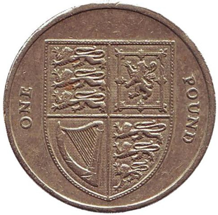Монета 1 фунт. 2011 год, Великобритания. Из обращения. Королевский Щит.