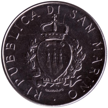 Монета 100 лир. 1987 год, Сан-Марино. 15 лет с момента возобновления чеканки. Монета 100 лир. 1987 год, Сан-Марино. 15 лет с момента возобновления чеканки.