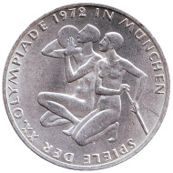 Монета 10 марок, 1972 год, ФРГ. Атлеты. XX Летние Олимпийские игры. Мюнхен-1972. (J). Монета 10 марок, 1972 год, ФРГ. Атлеты. XX Летние Олимпийские игры. Мюнхен-1972. (J).