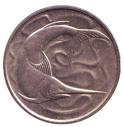 Монета 20 центов. 1982 год. Сингапур. Рыба-меч.