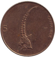Монета 5 толаров. 1995 год, Словения. Альпийский козёл (Ибекс). Монета 5 толаров. 1995 год, Словения. Альпийский козёл (Ибекс).