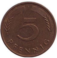 Монета 5 пфеннигов. 1987 год (J), ФРГ. Дубовые листья. Монета 5 пфеннигов. 1987 год (J), ФРГ. Дубовые листья.