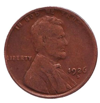 Монета 1 цент. 1926 год (D), США. Линкольн.