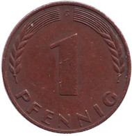 Монета 1 пфенниг. 1968 год (G), ФРГ. Дубовые листья. Монета 1 пфенниг. 1968 год (G), ФРГ. Дубовые листья.