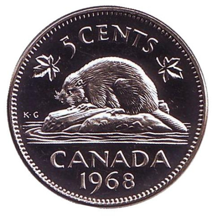Монета 5 центов. 1968 год, Канада. UNC. Бобр.