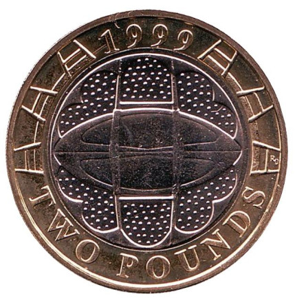 Монета 2 фунта. 1999 год, Великобритания. BU. Чемпионат мира по регби.