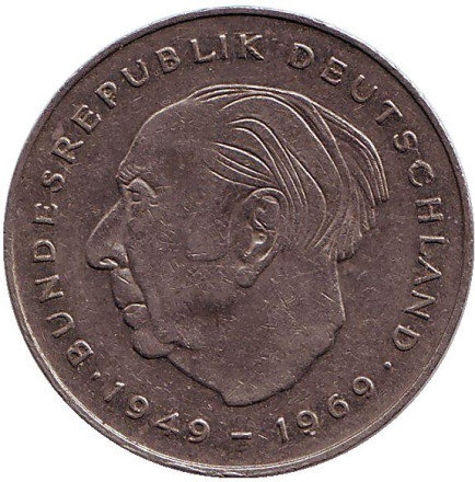 Монета 2 марки. 1983 год (F), ФРГ. Из обращения. Теодор Хойс.