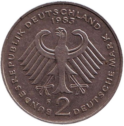 Монета 2 марки. 1983 год (F), ФРГ. Теодор Хойс. Монета 2 марки. 1983 год (F), ФРГ. Теодор Хойс.