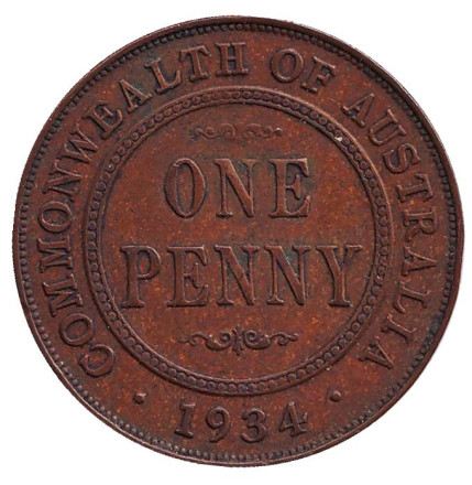 Монета 1 пенни. 1934 год, Австралия.
