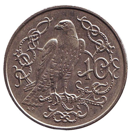 Монета 10 пенсов. 1982 год, Остров Мэн. (Отметка "AD") Сокол.