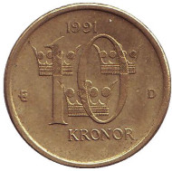 Монета 10 крон. 1991 год, Швеция. Обычный тип. Монета 10 крон. 1991 год, Швеция. Обычный тип.