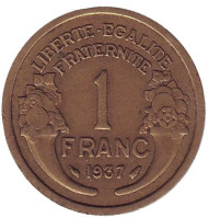 Монета 1 франк. 1937 год, Франция. Монета 1 франк. 1937 год, Франция.