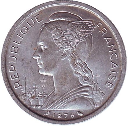 Монета 2 франка. 1973 год, Реюньон. Монета 2 франка. 1973 год, Реюньон.