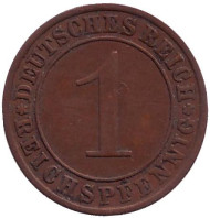 Монета 1 рейхспфенниг. 1932 год (A), Веймарская республика. Монета 1 рейхспфенниг. 1932 год (A), Веймарская республика.