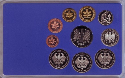 Набор монет ФРГ (10 шт.). 1996 год. (G). Proof. Набор монет ФРГ (10 шт.). 1996 год. (G). Proof.