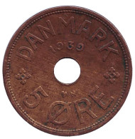 Монета 5 эре. 1939 год, Дания. Монета 5 эре. 1939 год, Дания.